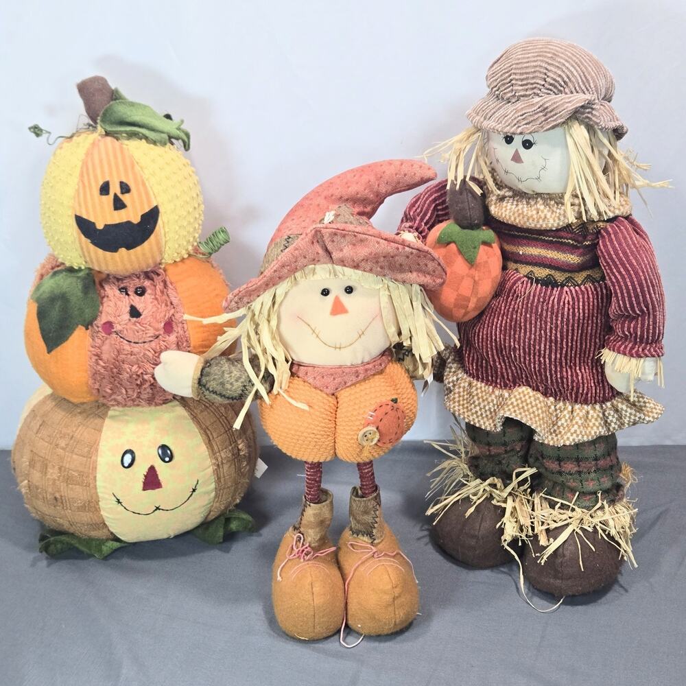 Fall Halloween Decor Lot Of 3 Scarecrow Stacked Pumpkin Freestanding Plush